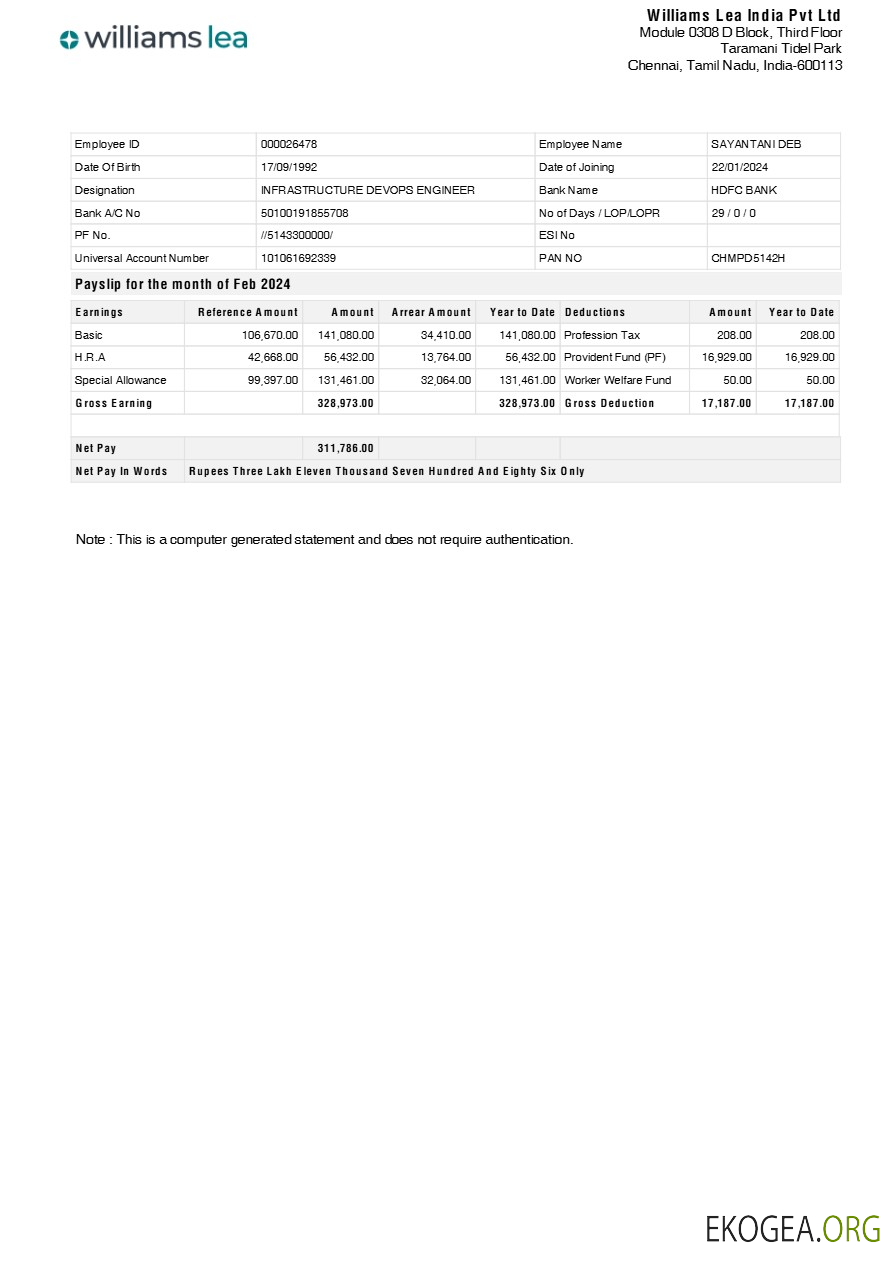 Modèle de fiche de paie du siège social de Williams Lea India aux formats Word et PDF.pdf, 1